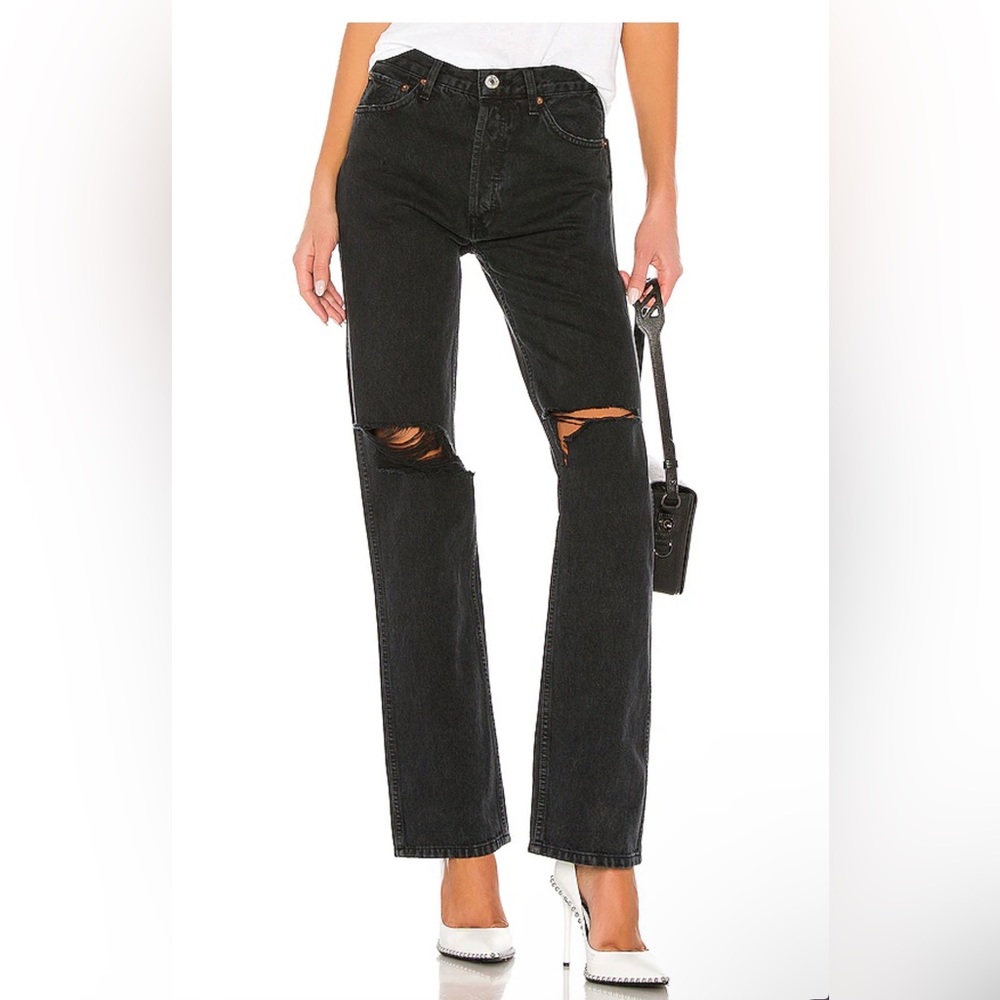 RE/DONE 90s Cotton High Rise Loose Wide Leg Jeans in Washed Black Rips, size 27